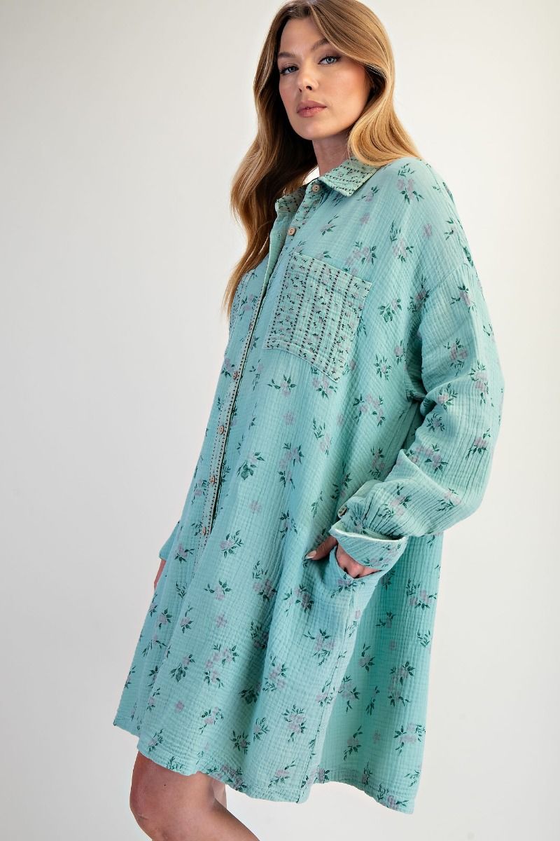 PRINTED COTTON GAUZE WASHED SHIRT DRESS> PLUS SIZE: BLUE AND FLORAL
