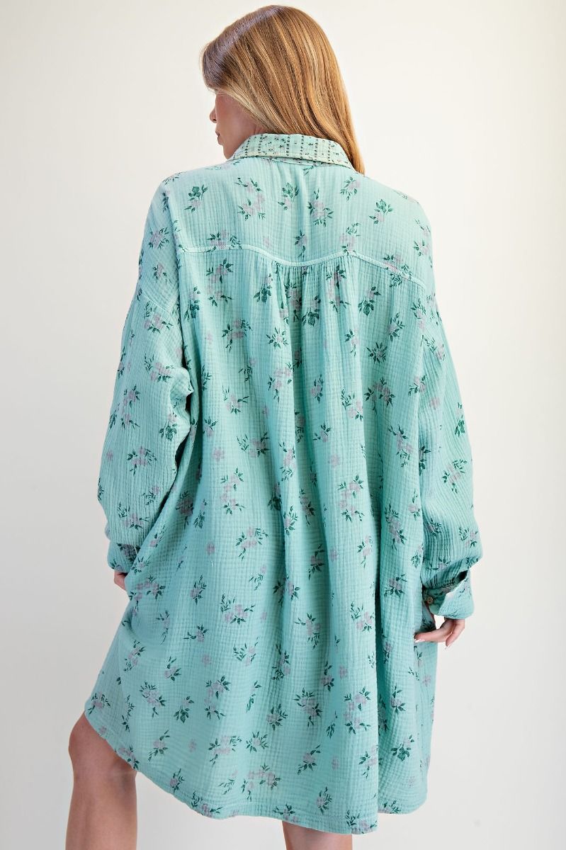 PRINTED COTTON GAUZE WASHED SHIRT DRESS> PLUS SIZE: BLUE AND FLORAL