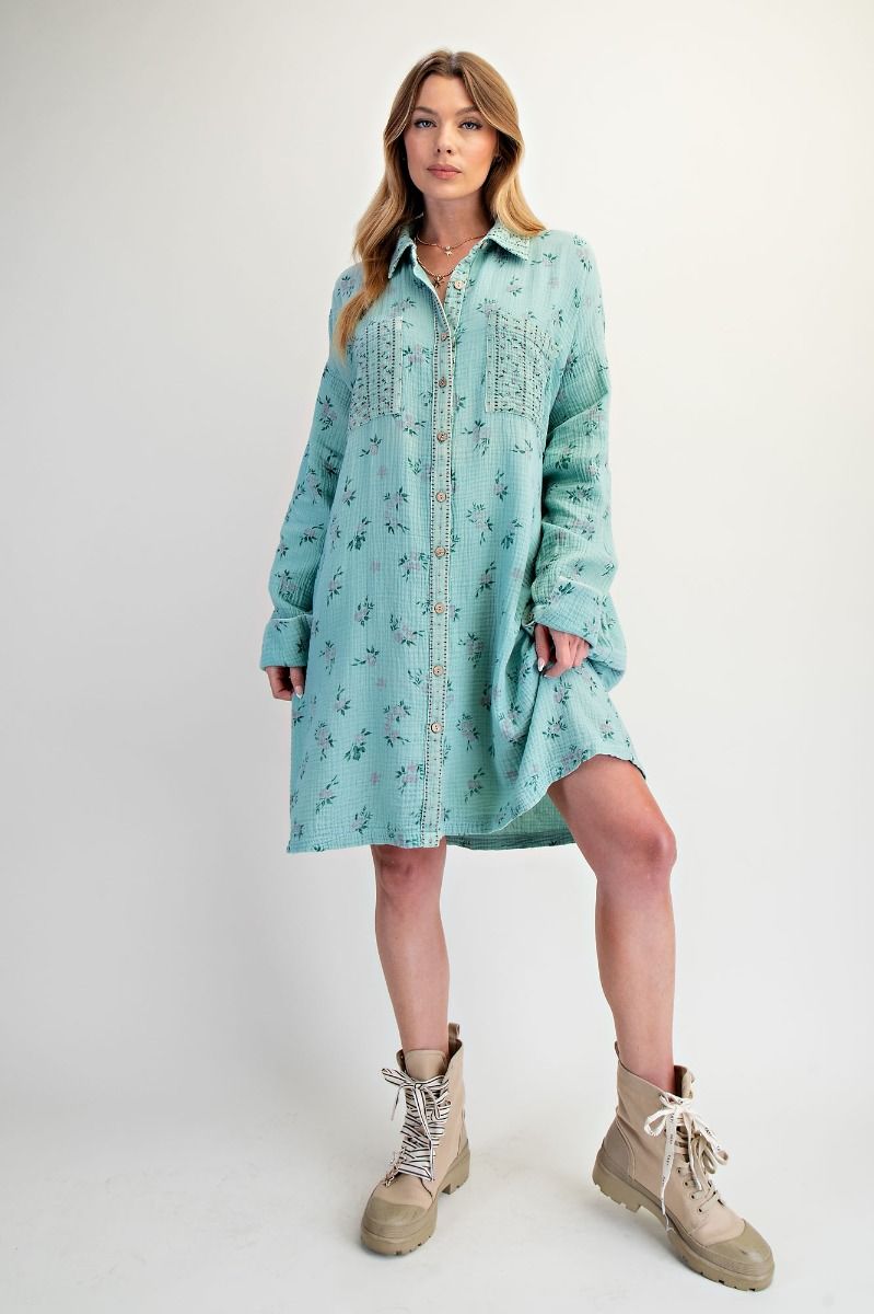 PRINTED COTTON GAUZE WASHED SHIRT DRESS> PLUS SIZE: BLUE AND FLORAL
