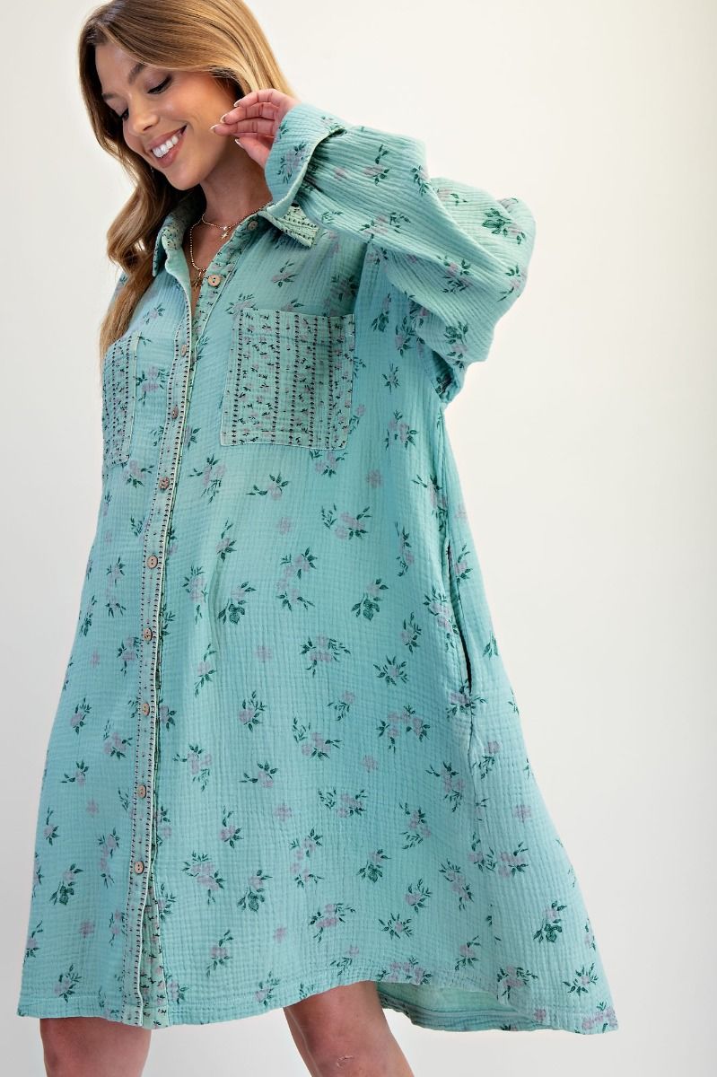 PRINTED COTTON GAUZE WASHED SHIRT DRESS> PLUS SIZE: BLUE AND FLORAL