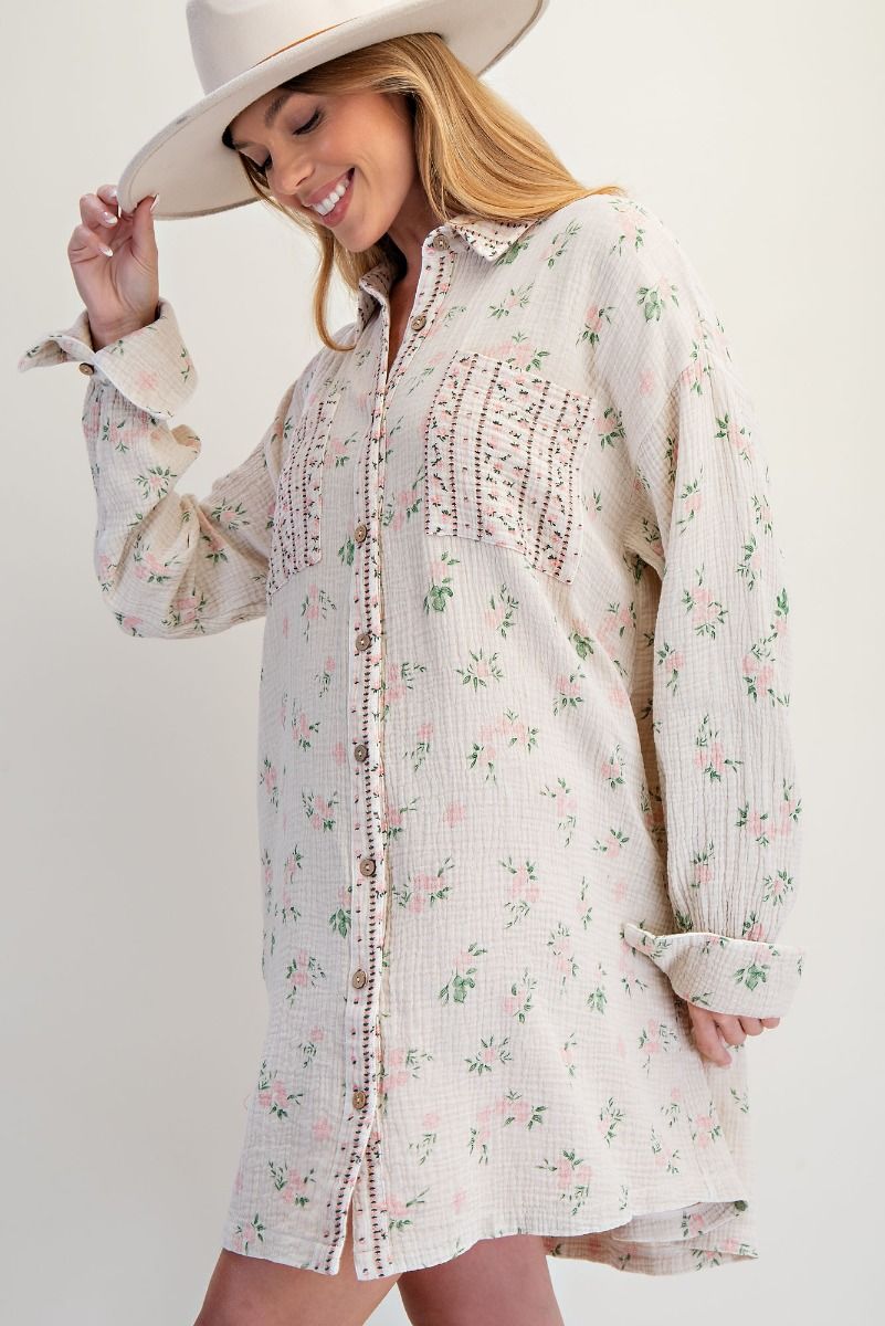 PRINTED COTTON GAUZE WASHED SHIRT DRESS> PLUS SIZE, FLORAL: OFF WHITE