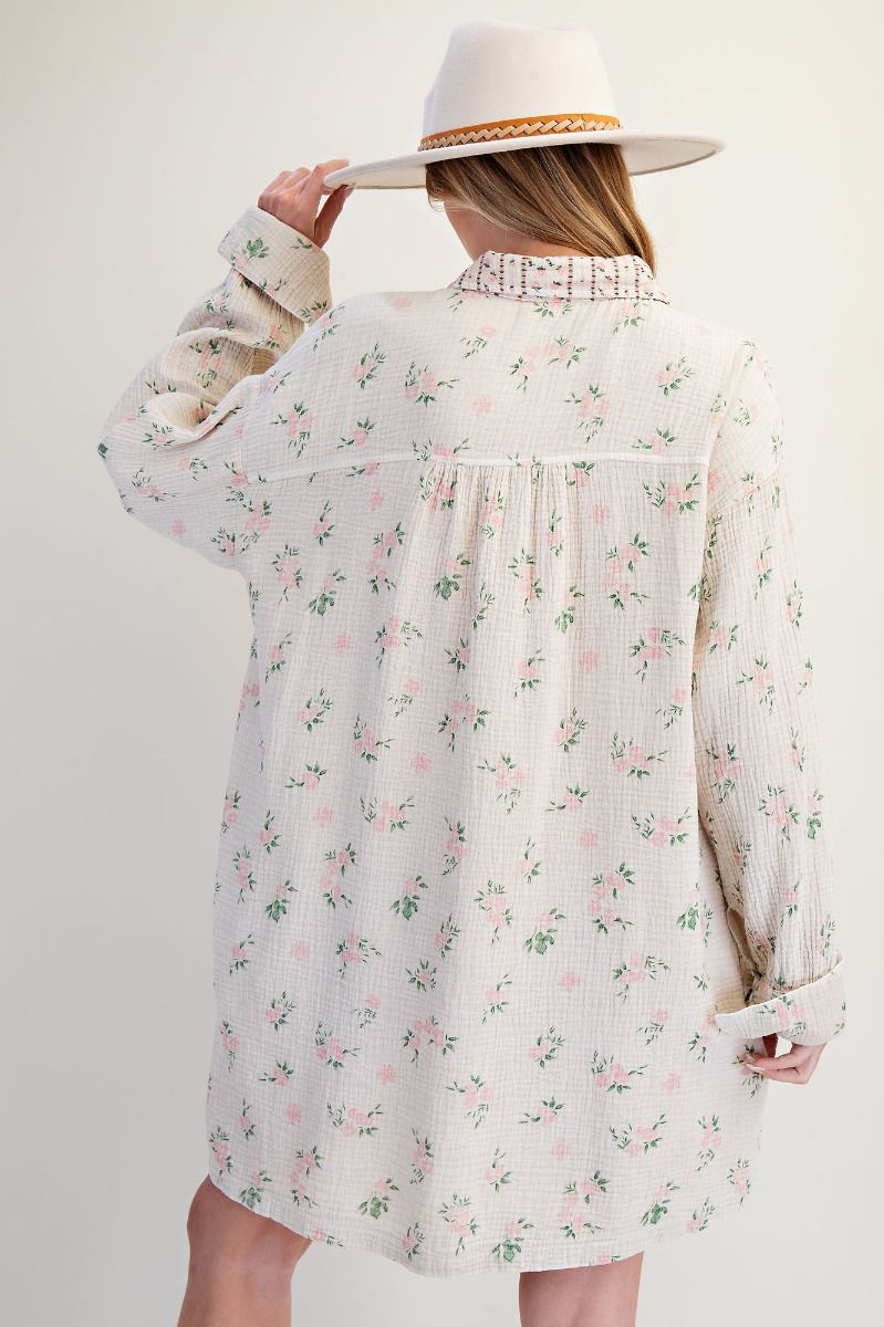 PRINTED COTTON GAUZE WASHED SHIRT DRESS> PLUS SIZE, FLORAL: OFF WHITE