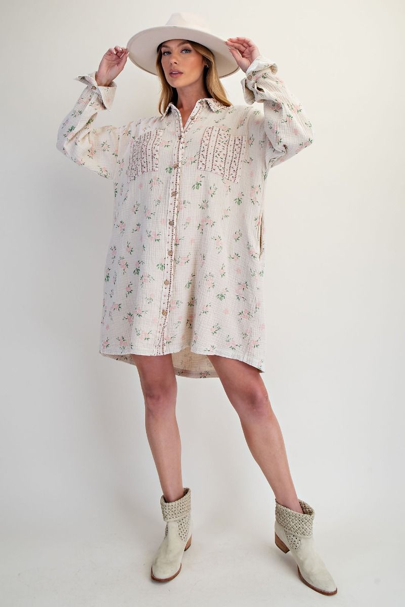 PRINTED COTTON GAUZE WASHED SHIRT DRESS> PLUS SIZE, FLORAL: OFF WHITE