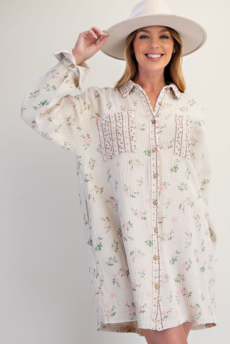 PRINTED COTTON GAUZE WASHED SHIRT DRESS> PLUS SIZE, FLORAL: OFF WHITE