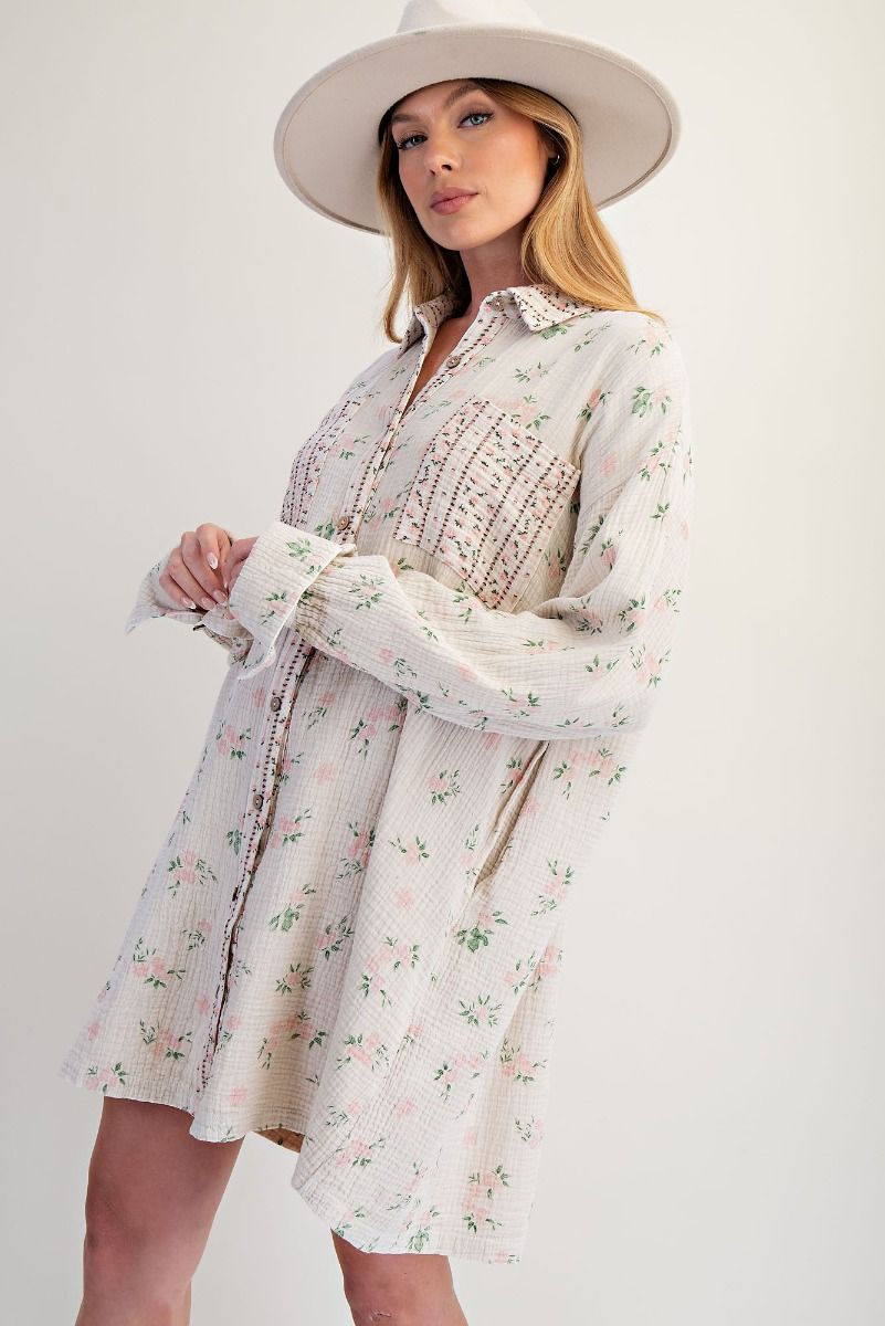 PRINTED COTTON GAUZE WASHED SHIRT DRESS> PLUS SIZE, FLORAL: OFF WHITE