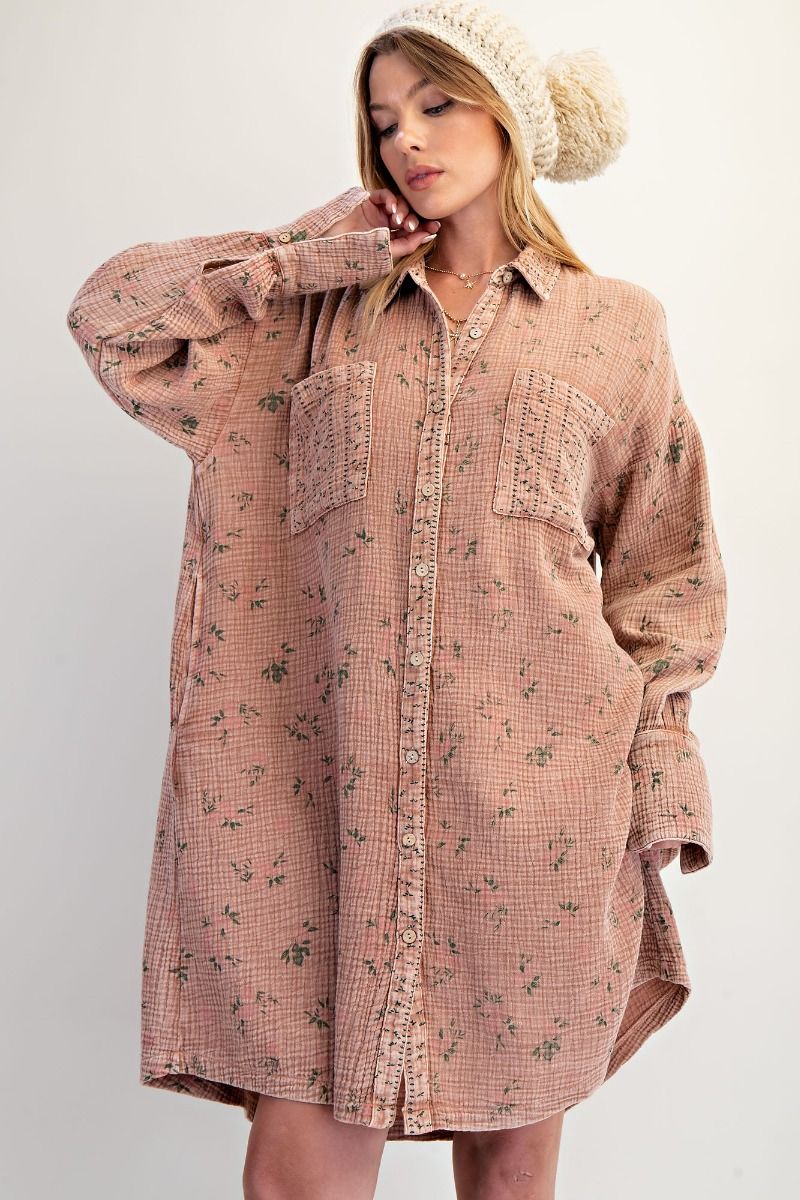 TAN GAUZE 100% COTTON FLORAL DRESS