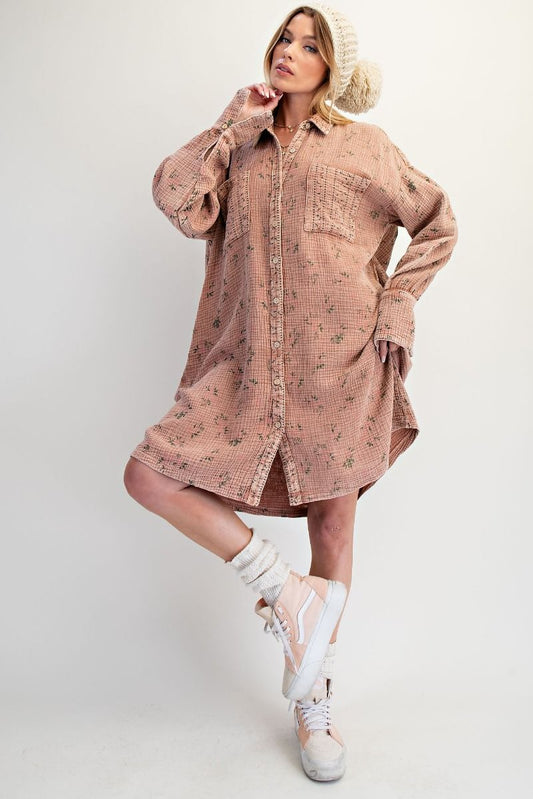 TAN GAUZE 100% COTTON FLORAL DRESS