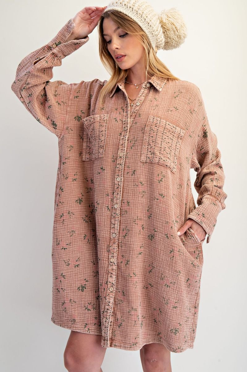 TAN GAUZE 100% COTTON FLORAL DRESS