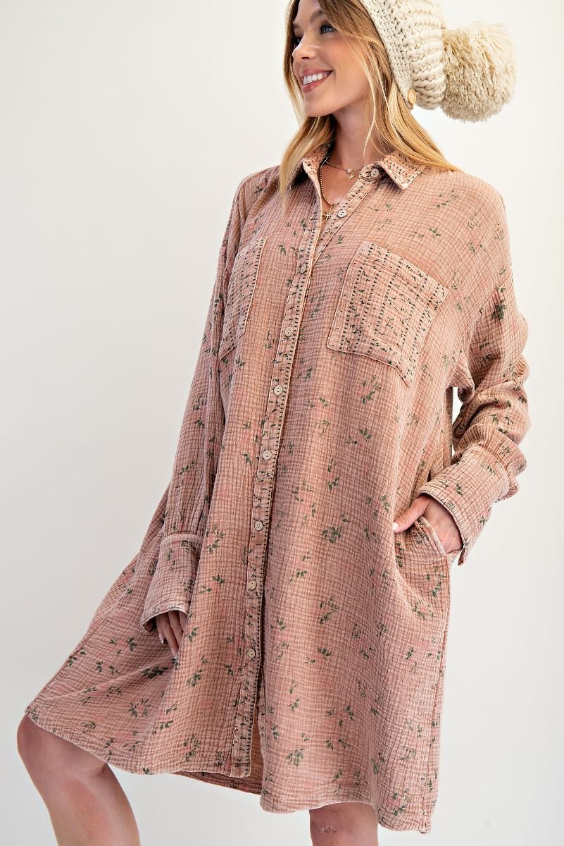 TAN GAUZE 100% COTTON FLORAL DRESS