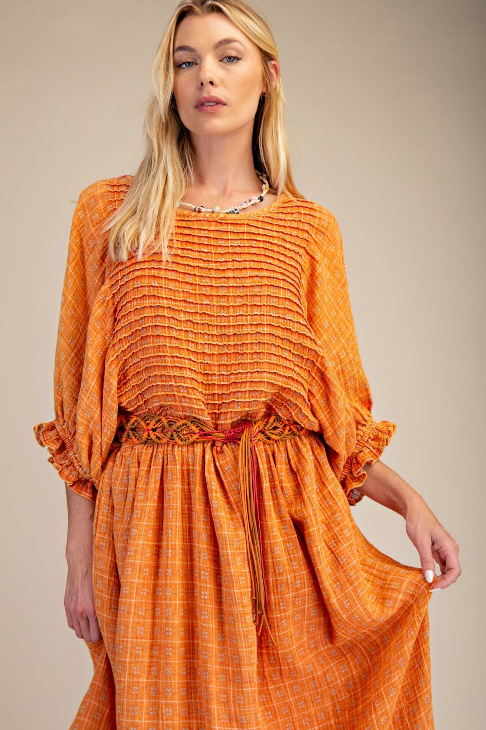 PRINTED COTTON GAUZE WASHED DRESS