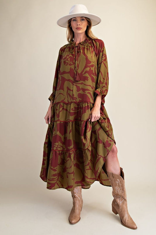 Abstract Tassel Tiered Maxi Dress