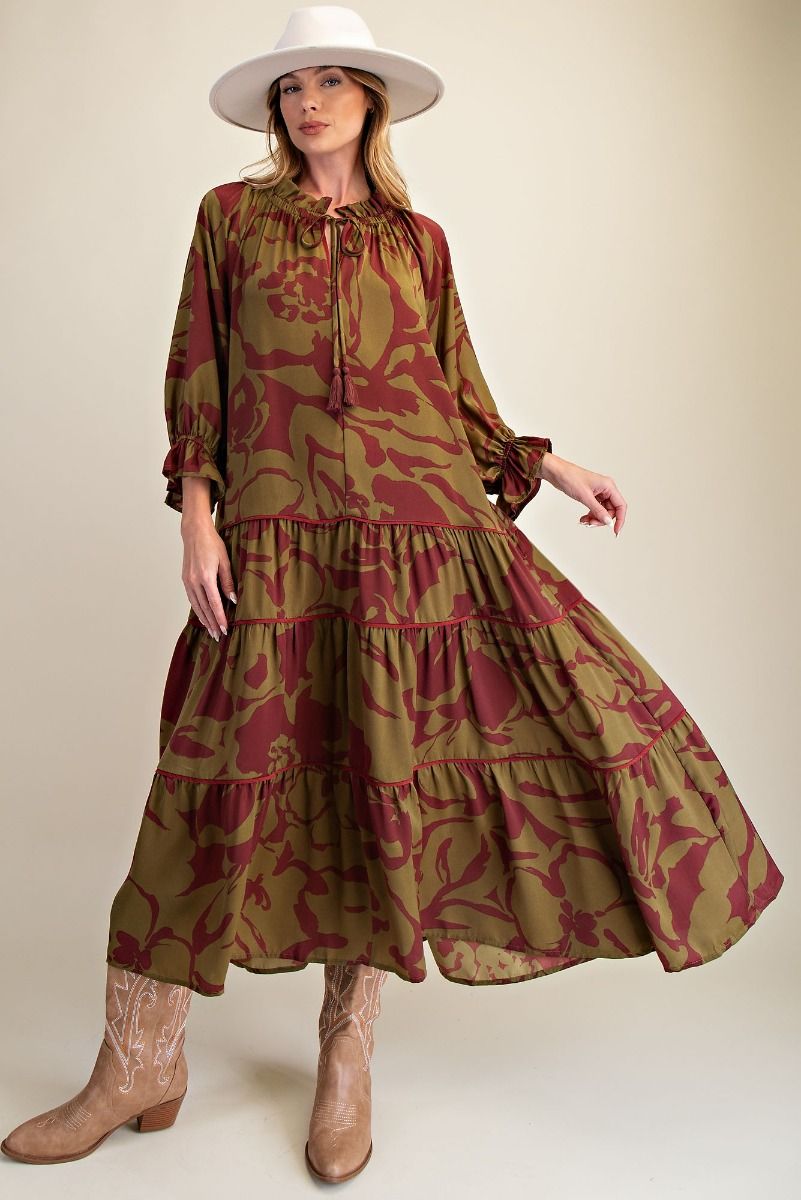 Wild Olive Abstract Tassel Tiered Maxi Dress