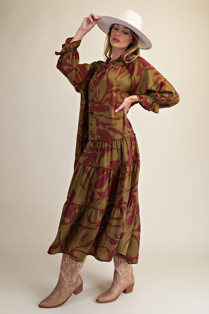 Wild Olive Abstract Tassel Tiered Maxi Dress