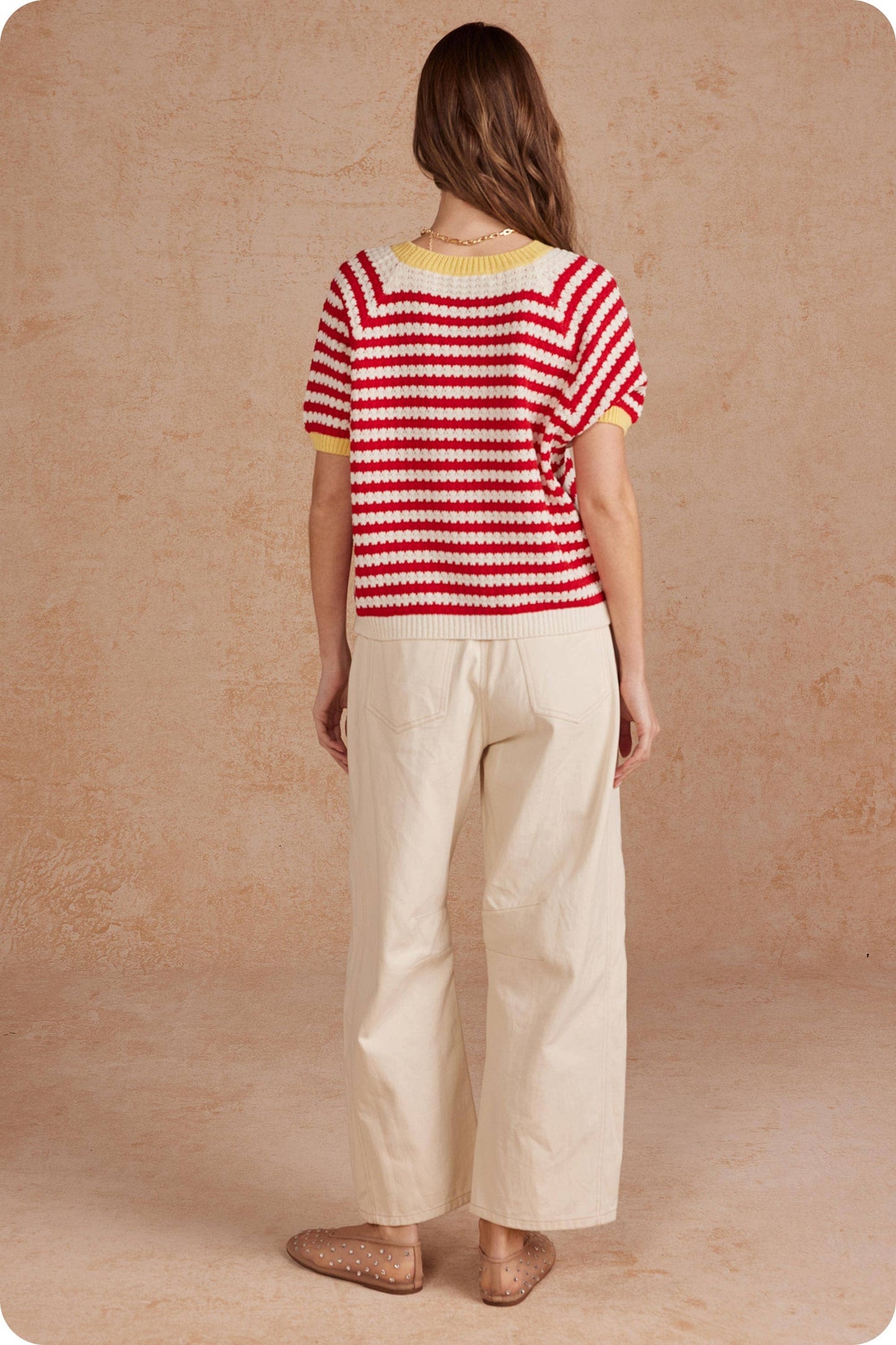 Playful Striped Banana Graphic Short Sleeve Sweater Top