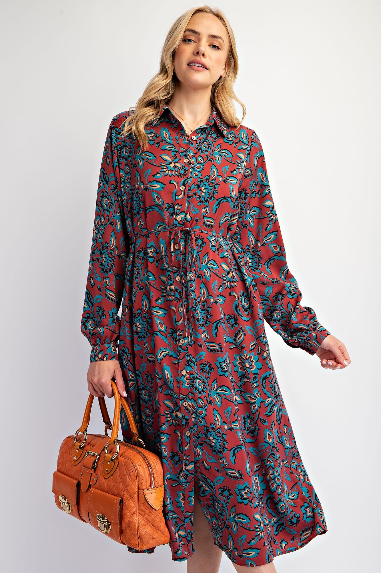 FALL GATHERING FLORAL SHIRT DRESS