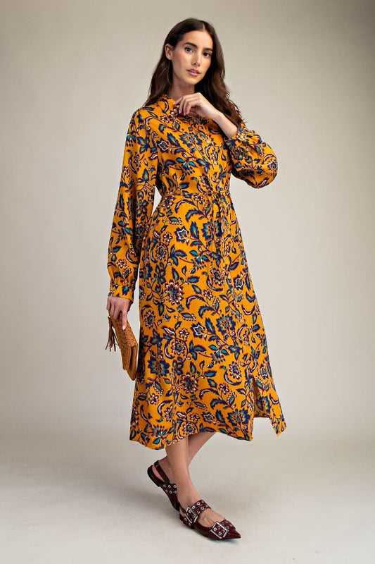FALL GATHERING FLORAL SHIRT DRESS