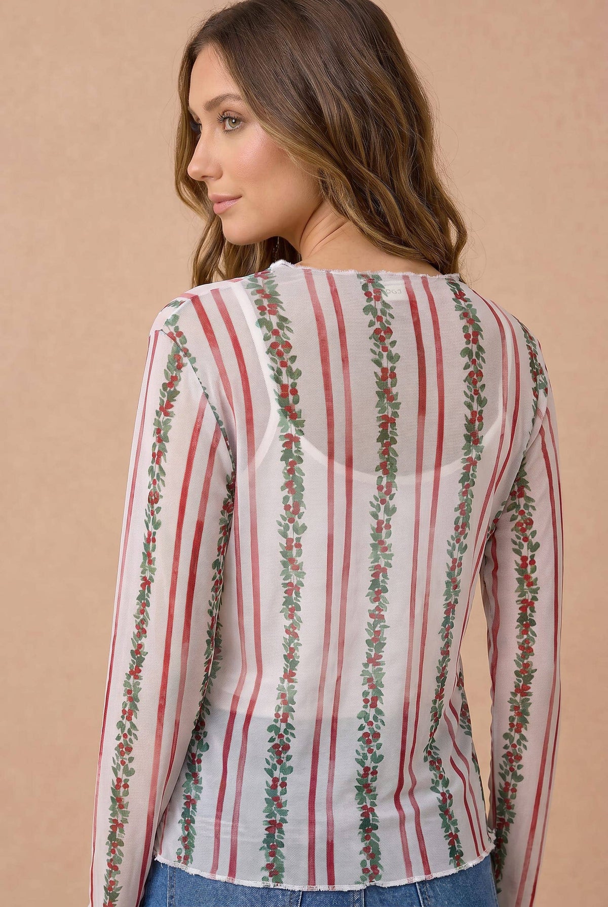Mistletoe Semi Sheer Mesh Frilled Hem Top