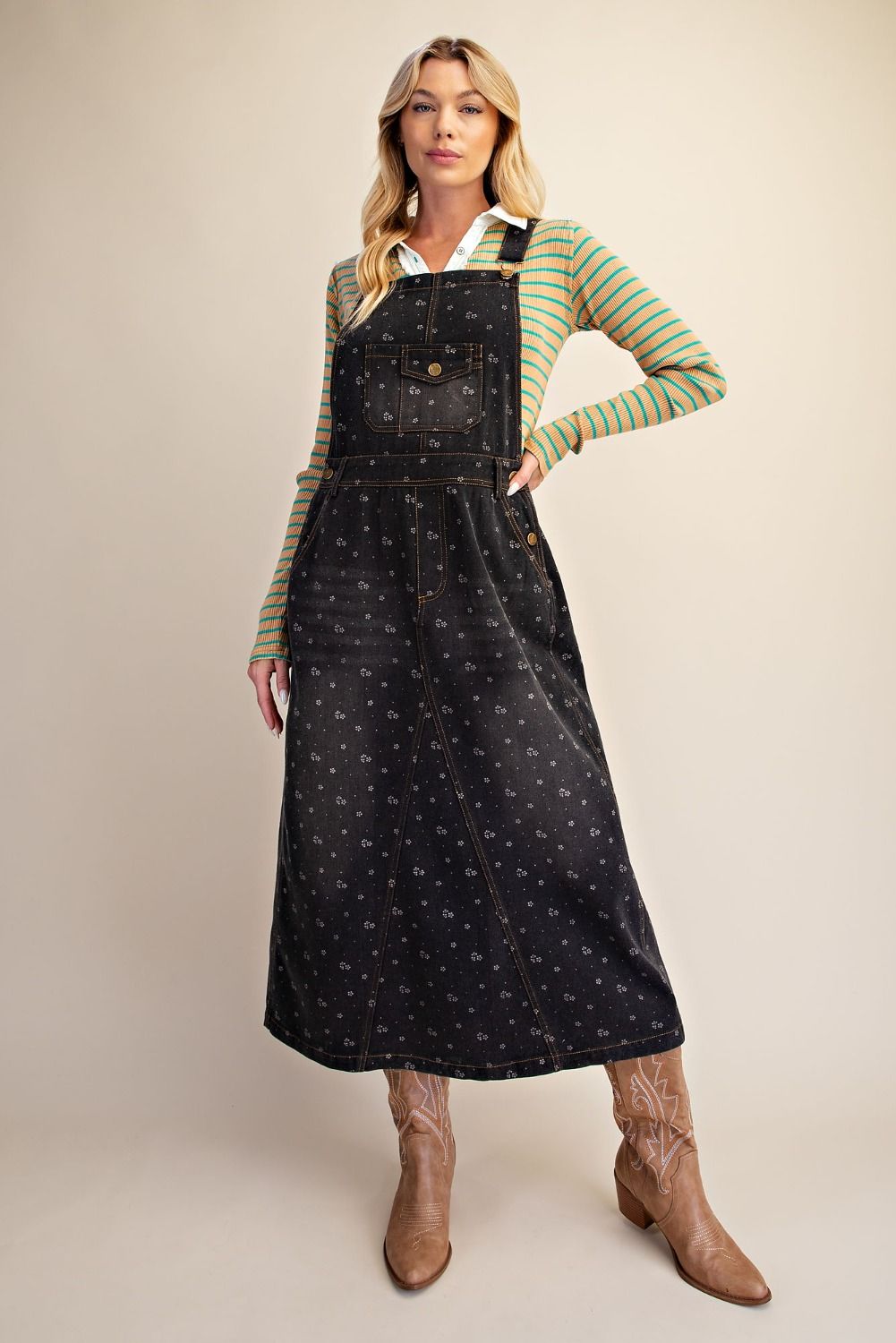 Tiny Floral Print Overall Midi Jean Jumper in Brown, Black and Jean