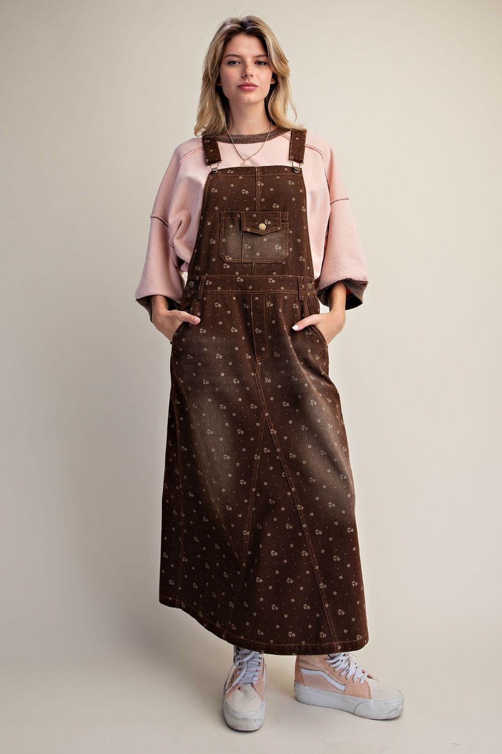 Tiny Floral Print Overall Midi Jean Jumper in Brown, Black and Jean