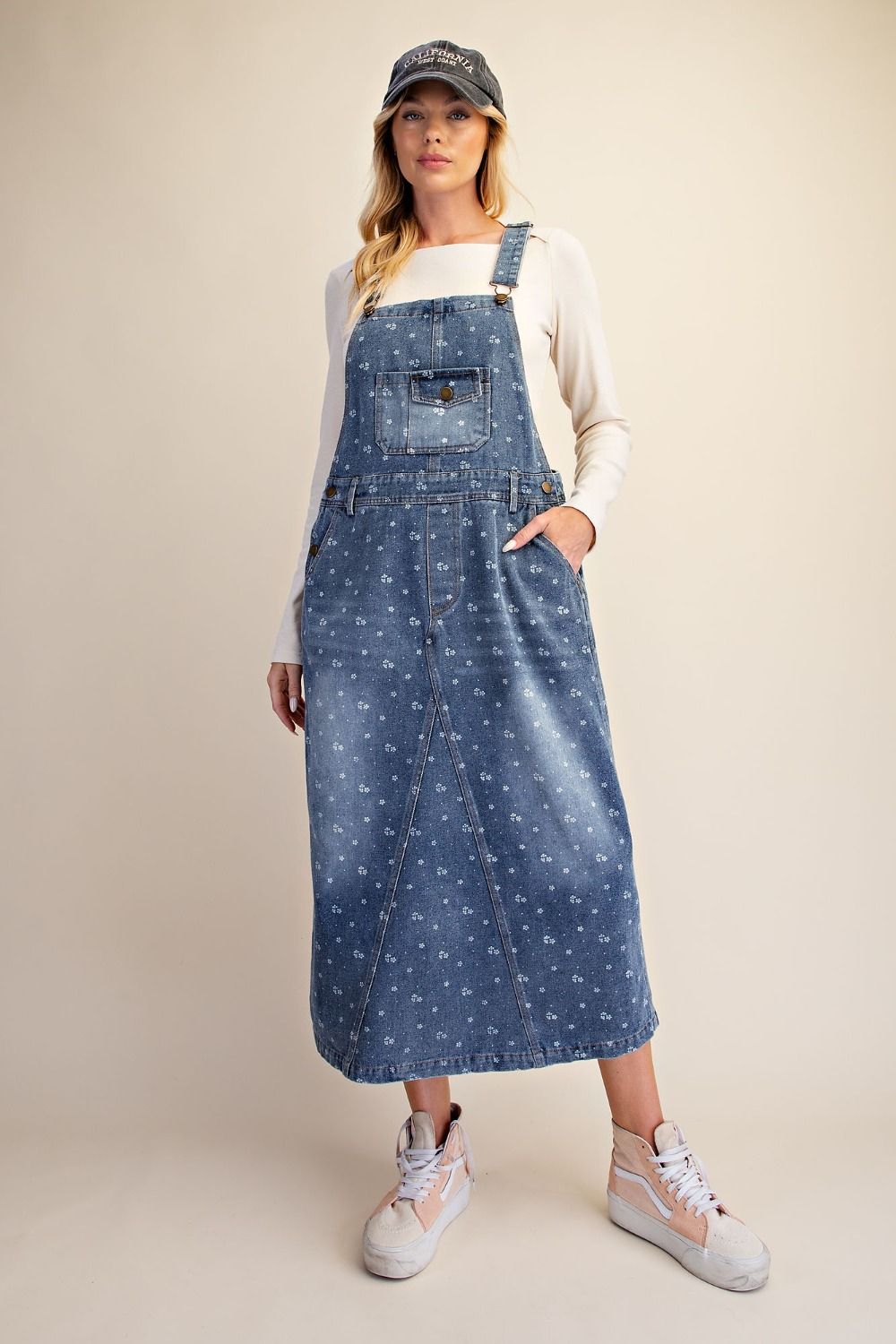 Tiny Floral Print Overall Midi Jean Jumper in Brown, Black and Jean