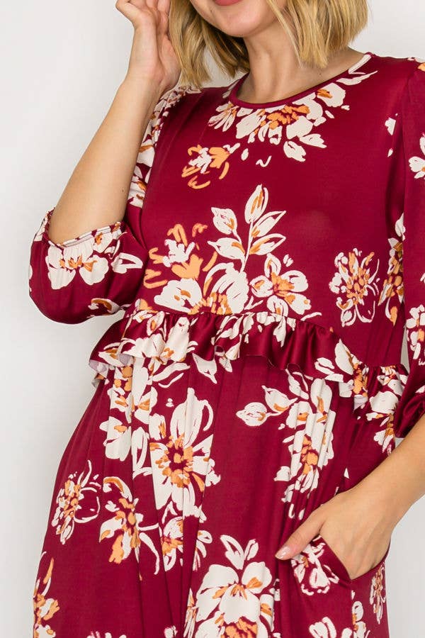 PLUS SIZE TIERED RUFFLE MIDI DRESS WITH SIDE POCKETS