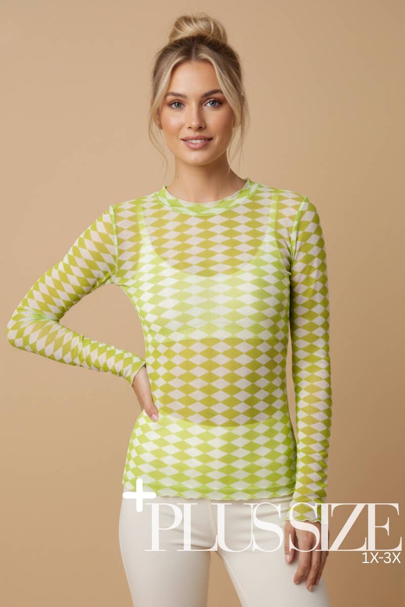 PLUS SIZE LONG SLEEVE MESH TOP