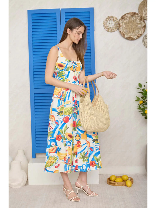 Tropical Feast Tie-Front Midi Dress
