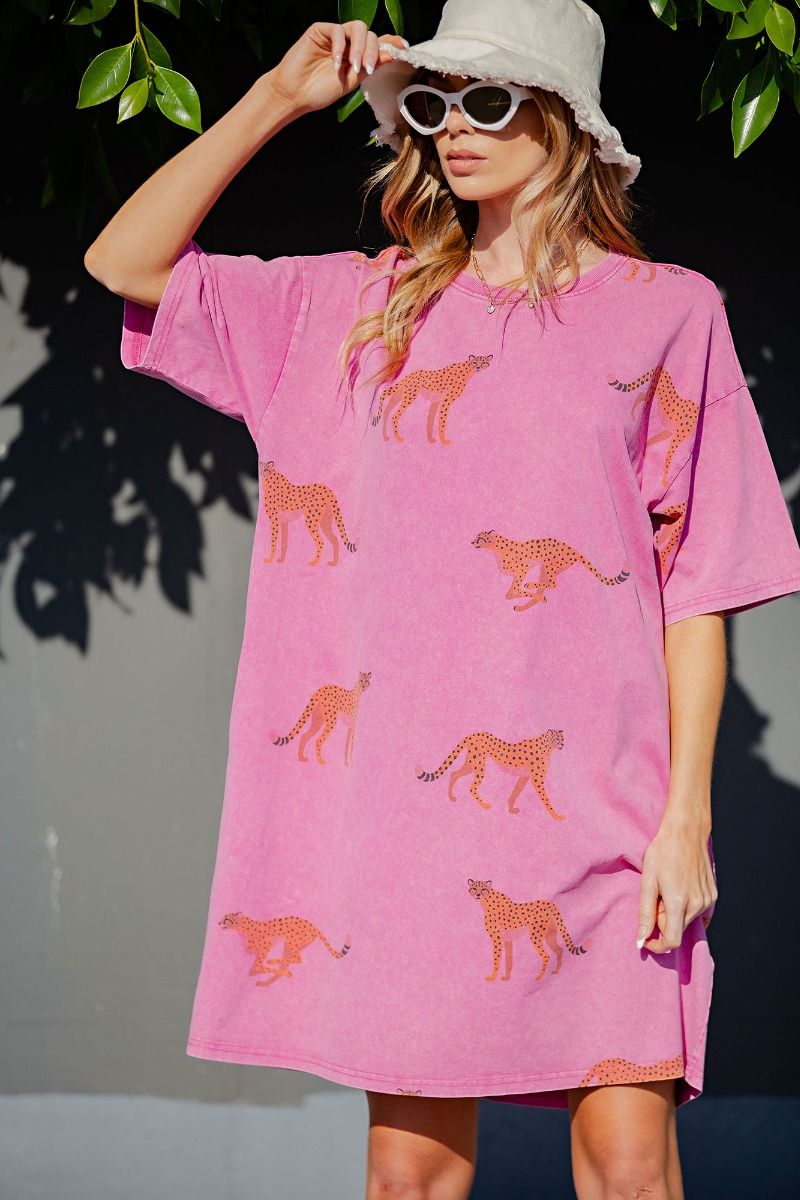 MINERAL WASHED CHEETAH PRINT T SHIRT DRESS