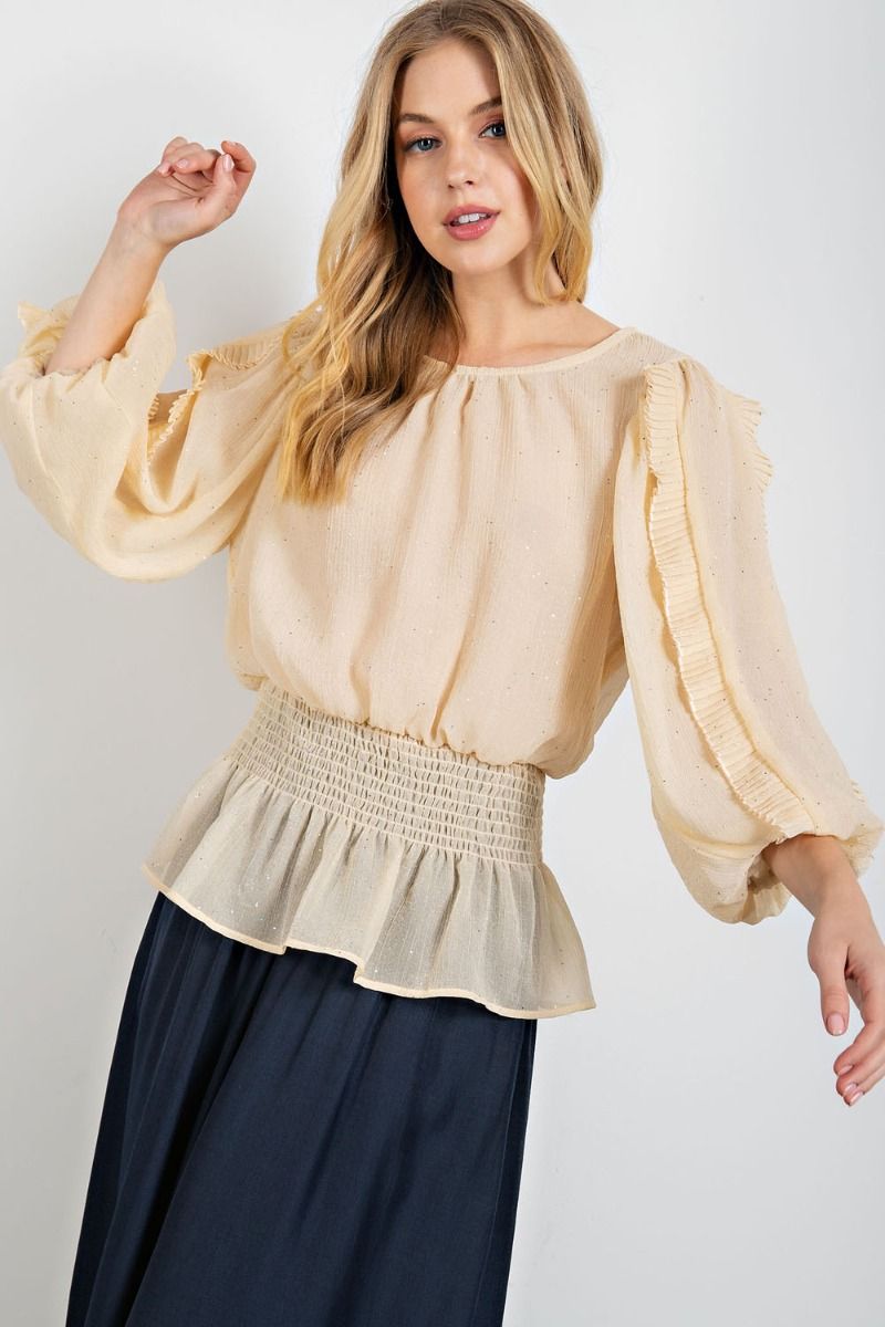 CRINKLE CHIFFON HOLIDAY PEPLUM TOP