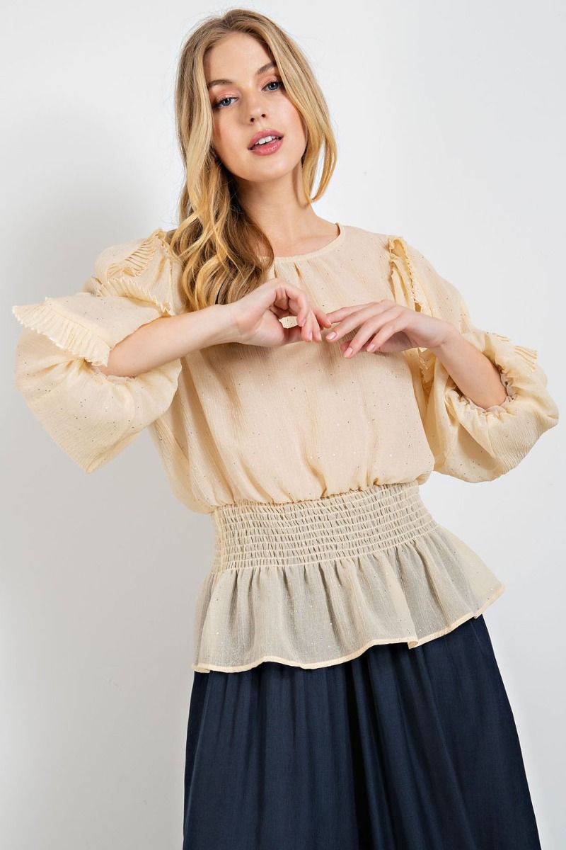 CRINKLE CHIFFON HOLIDAY PEPLUM TOP