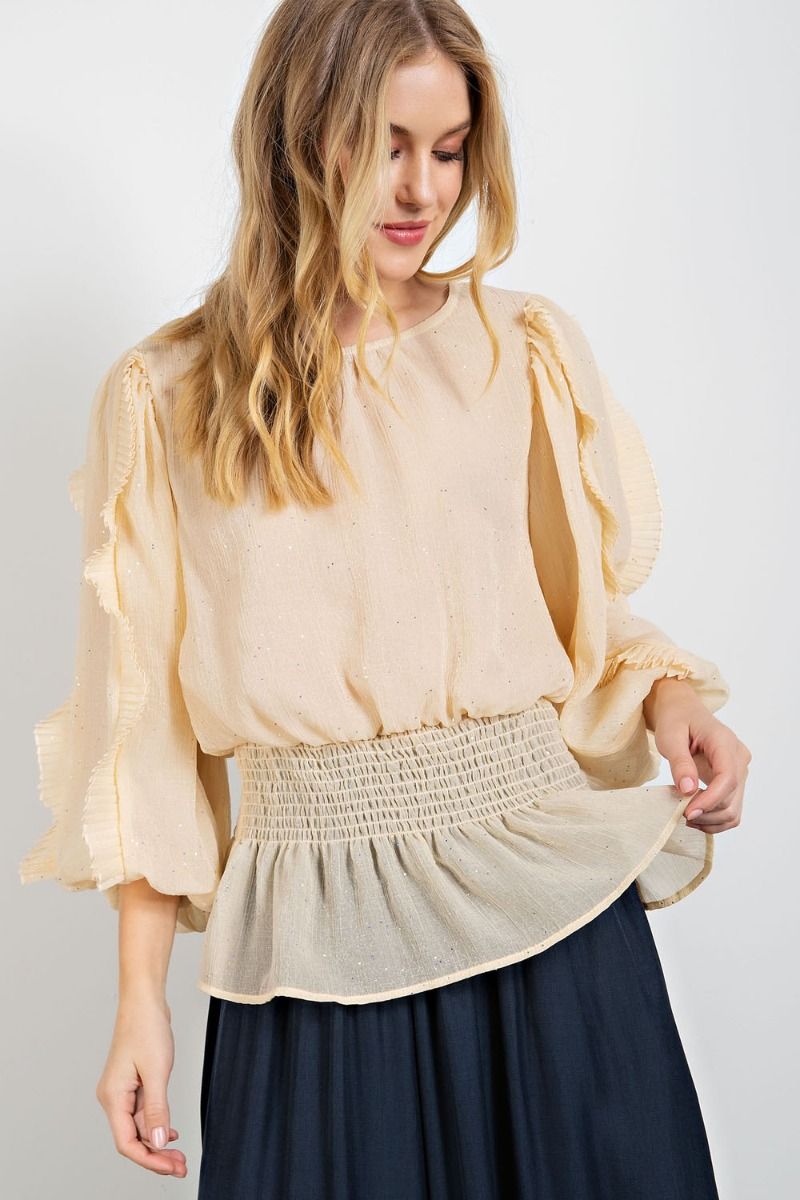 CRINKLE CHIFFON HOLIDAY PEPLUM TOP