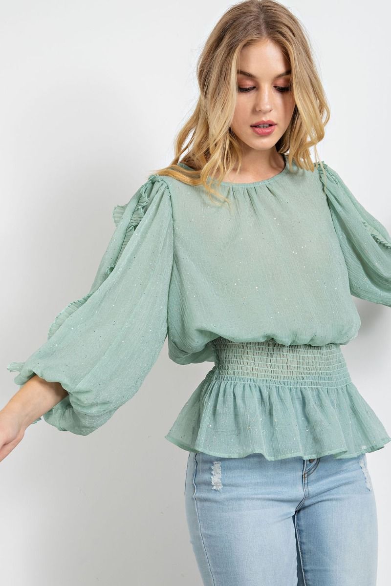 CRINKLE CHIFFON HOLIDAY PEPLUM TOP