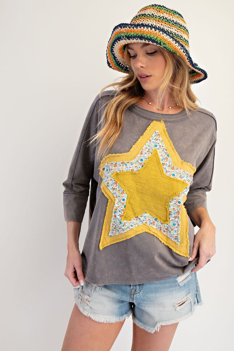 PLUS SIZE WASHED COTTON SLUB STAR PATCH FRONT TOP