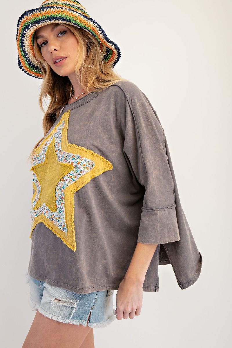 PLUS SIZE WASHED COTTON SLUB STAR PATCH FRONT TOP