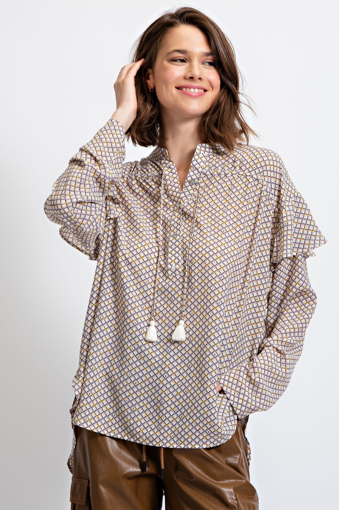 PRINTED CHIFFON BUTTON DOWN BLOUSE