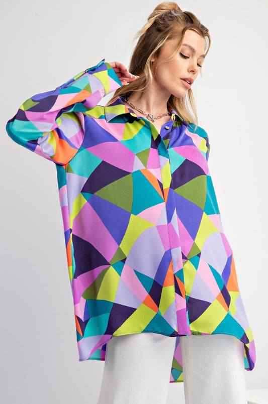 Lavender Blue: GEO PRINTED MIRABELLE SATIN BUTTON DOWN SHIRT