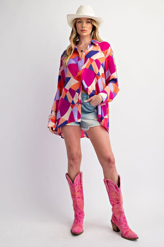 Magenta Royal: GEO PRINTED MIRABELLE SATIN BUTTON DOWN SHIRT
