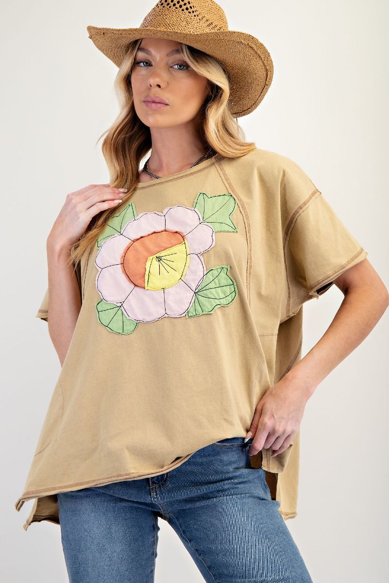 FADED OLIVE FLOWER PATCH MINERAL WASHED KNIT TOP