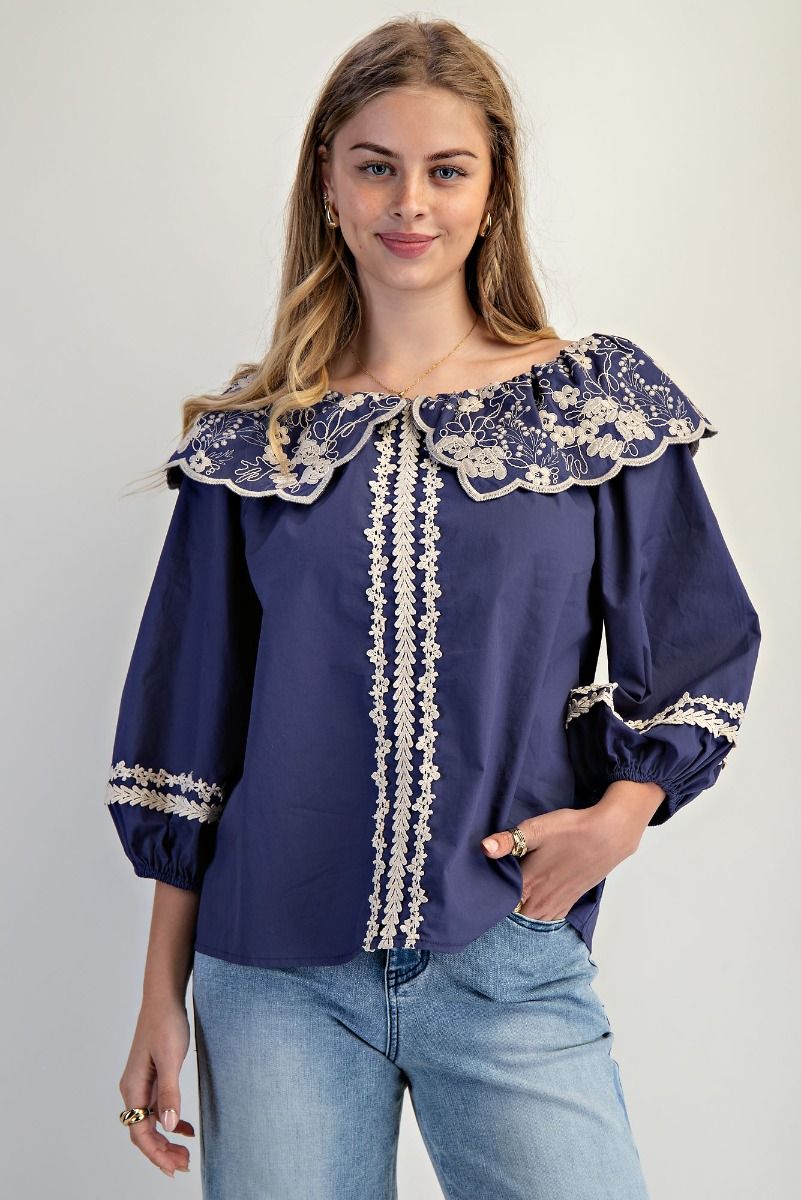PUFF SLVS EMBROIDERY COTTON POPLIN BLOUSE