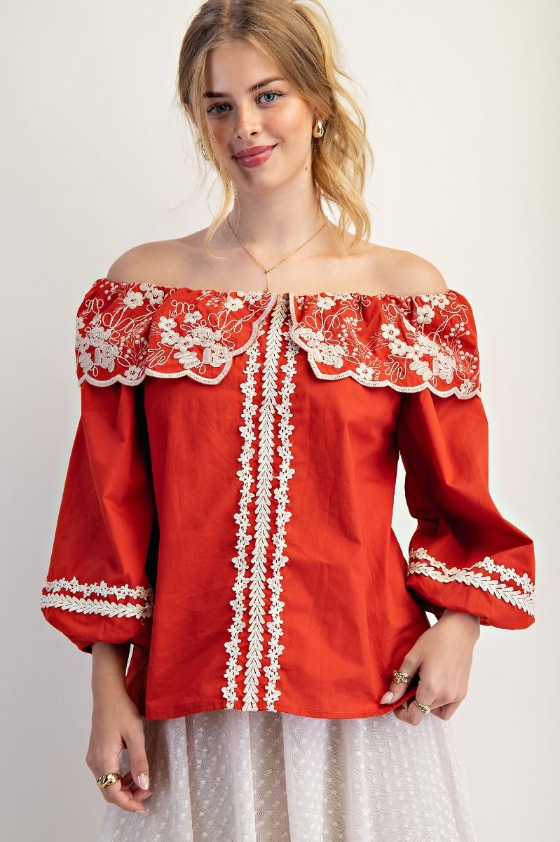 PUFF SLVS EMBROIDERY COTTON POPLIN BLOUSE