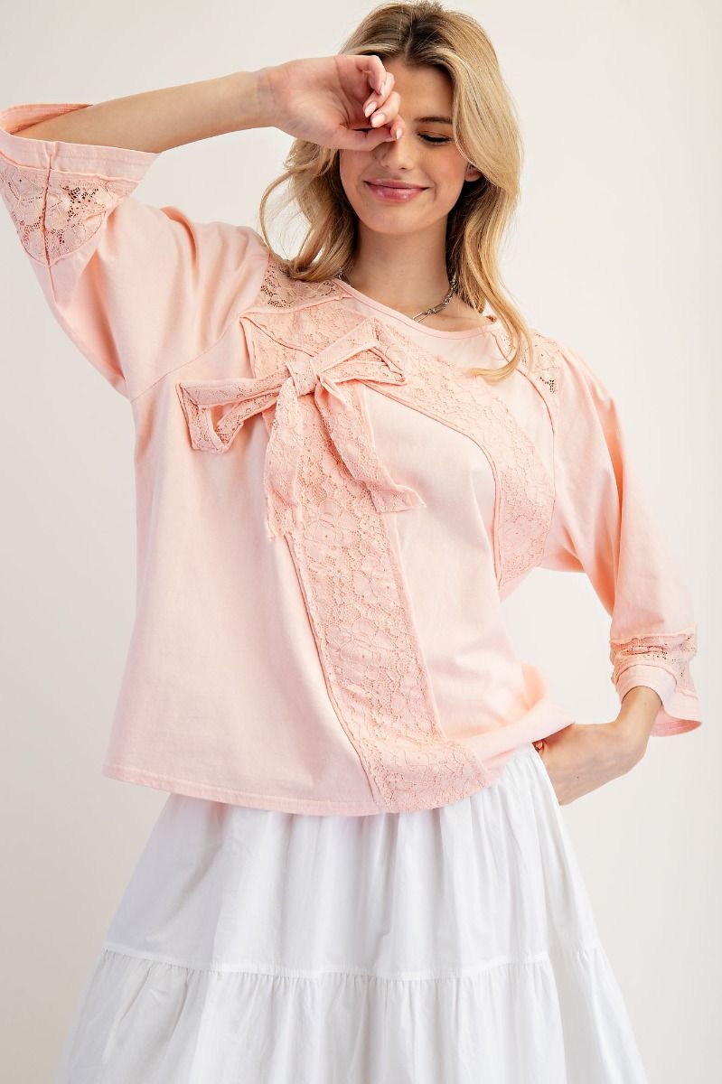 LACE BOW PATCH COTTON JERSEY TOP
