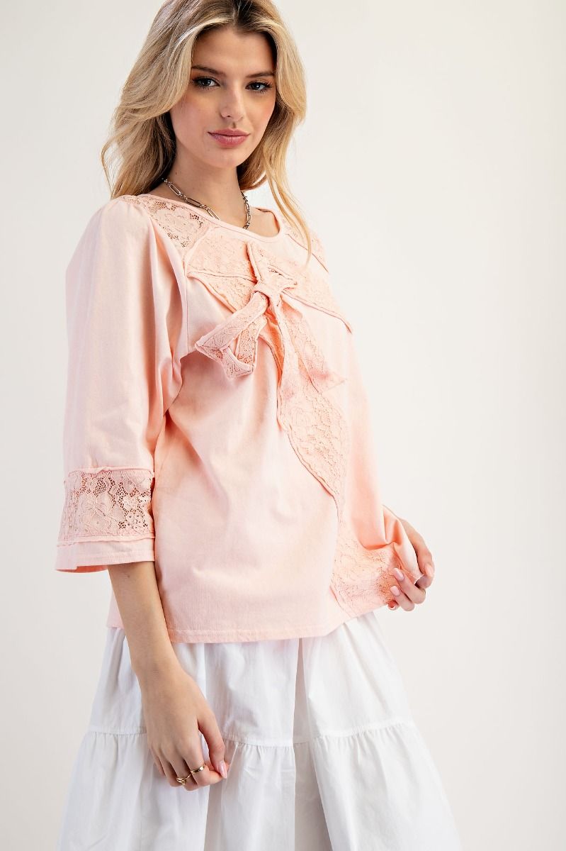 LACE BOW PATCH COTTON JERSEY TOP