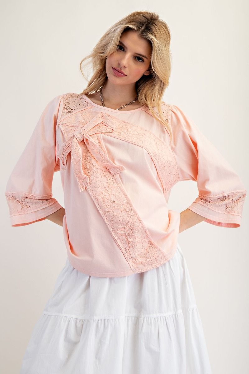 LACE BOW PATCH COTTON JERSEY TOP