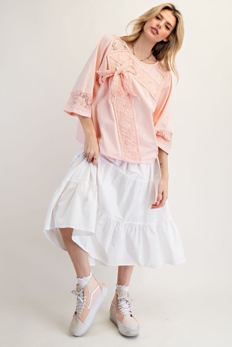 LACE BOW PATCH COTTON JERSEY TOP