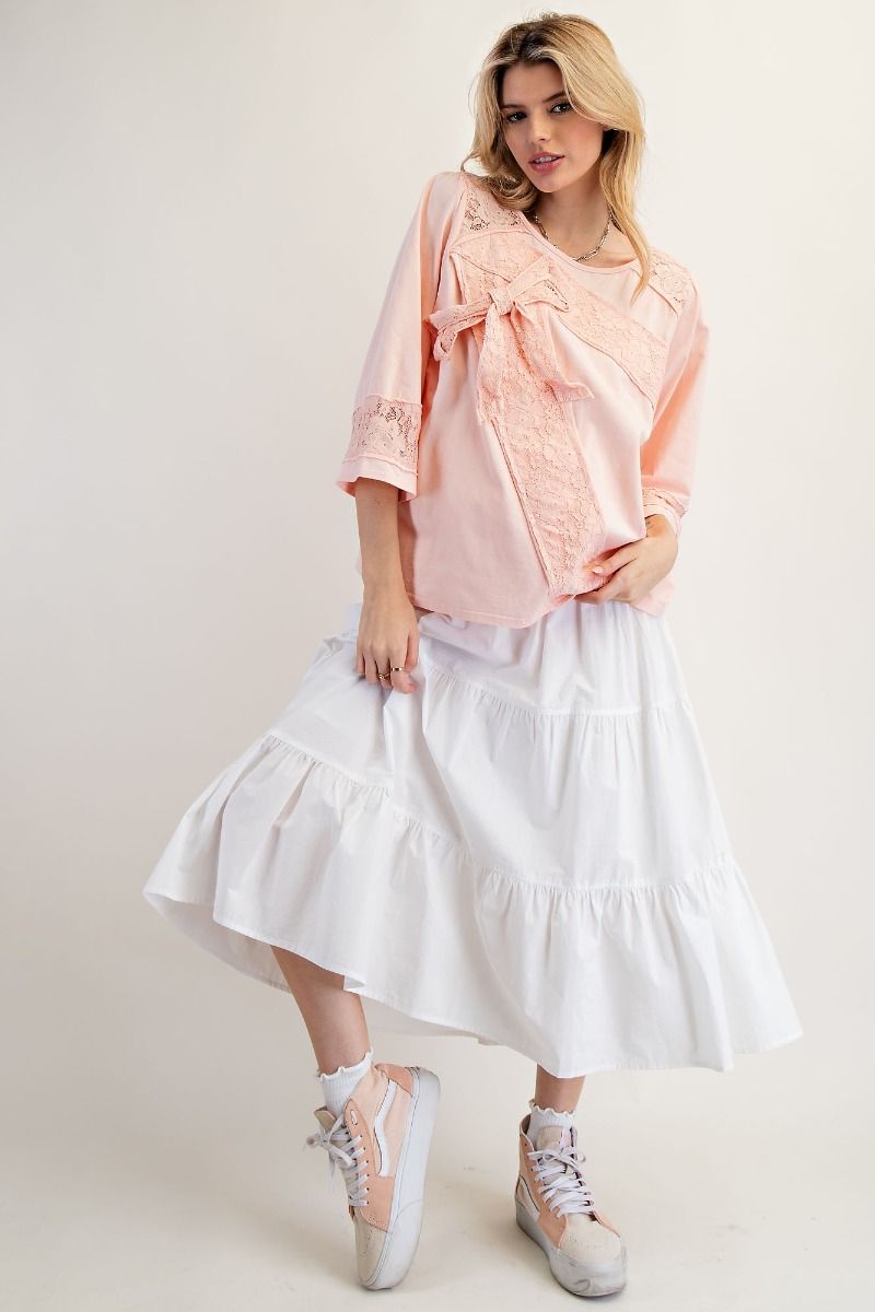 LACE BOW PATCH COTTON JERSEY TOP