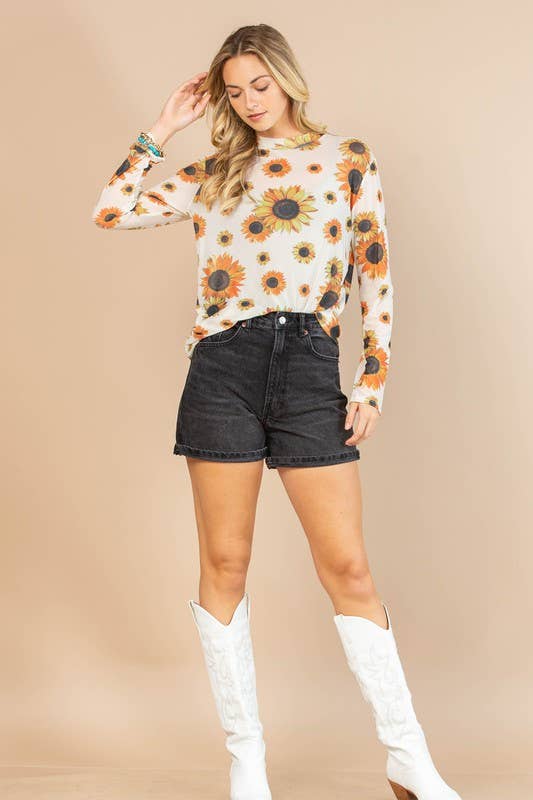 AV1230-MIRANDA SUNFLOWER PRINT SEMI SHEER MESH TOP