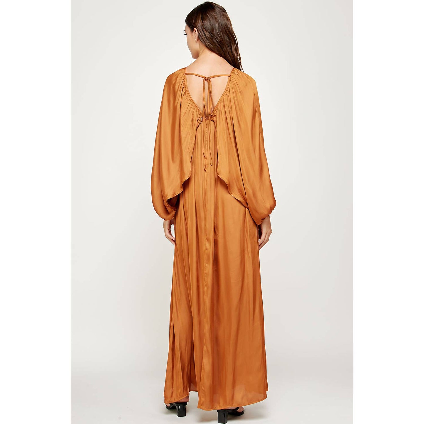 Shirred Satin Balloon Sleeve Maxi Dress