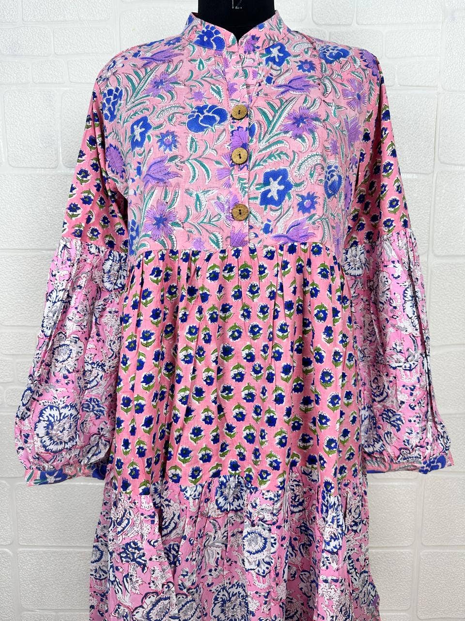 Pink 3 Layer Maxi Dress Pure Cotton Hand Block Print OneSize