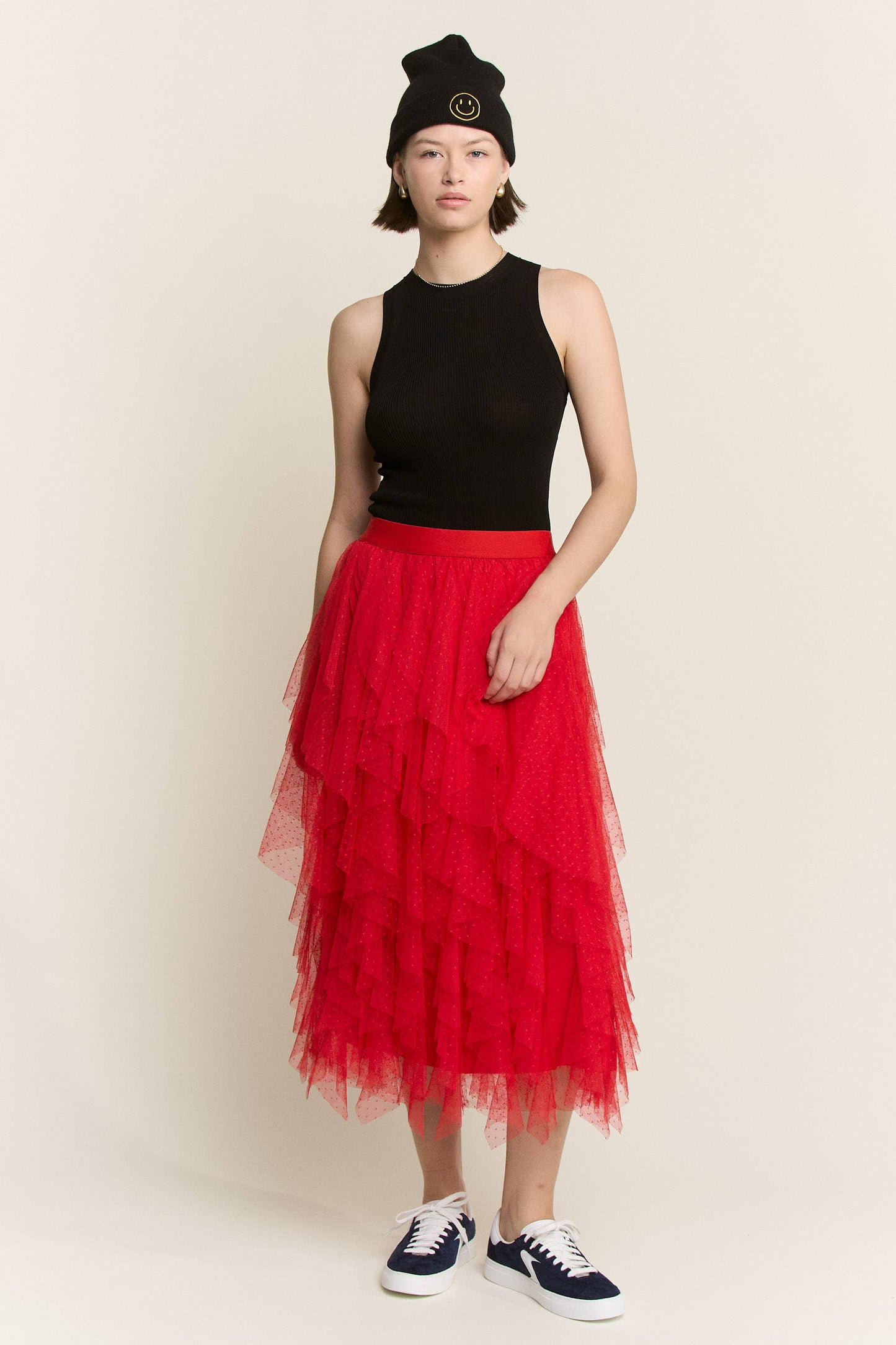 Layered Polka Dot Mesh Lined A-Line Midi Skirt JJB6007
