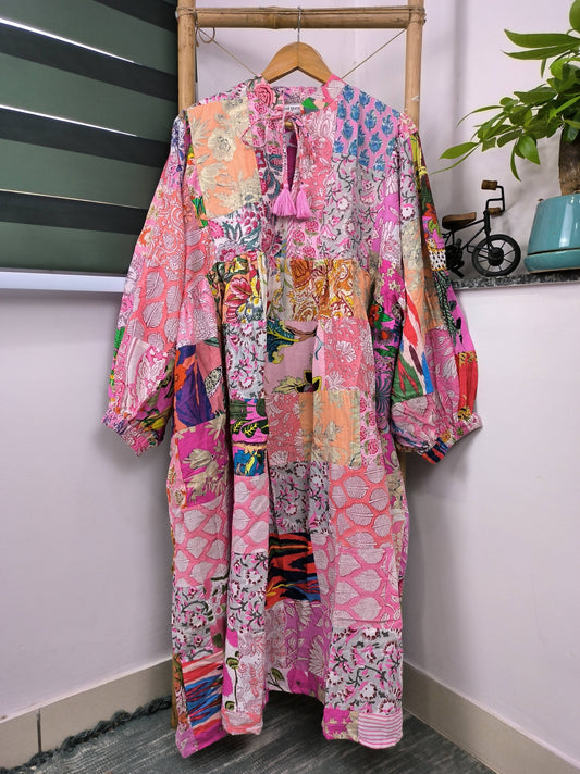 PINK SHADES - Hand Patchwork Cotton Dress OneSize
